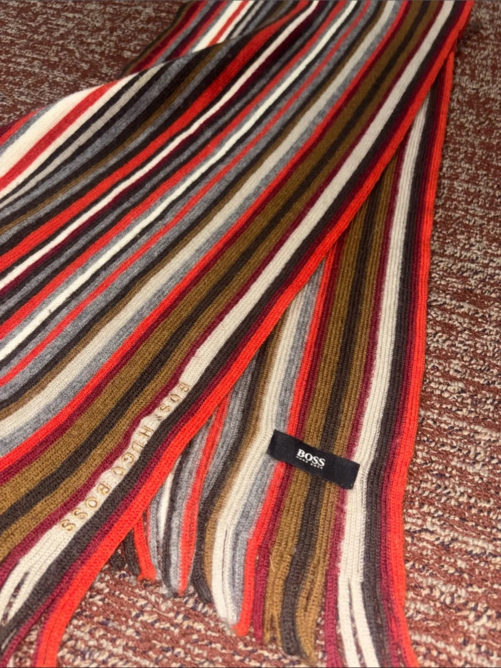 Hugo Boss wool scarf neutral stripe vintage colors fringe classic fall scarf